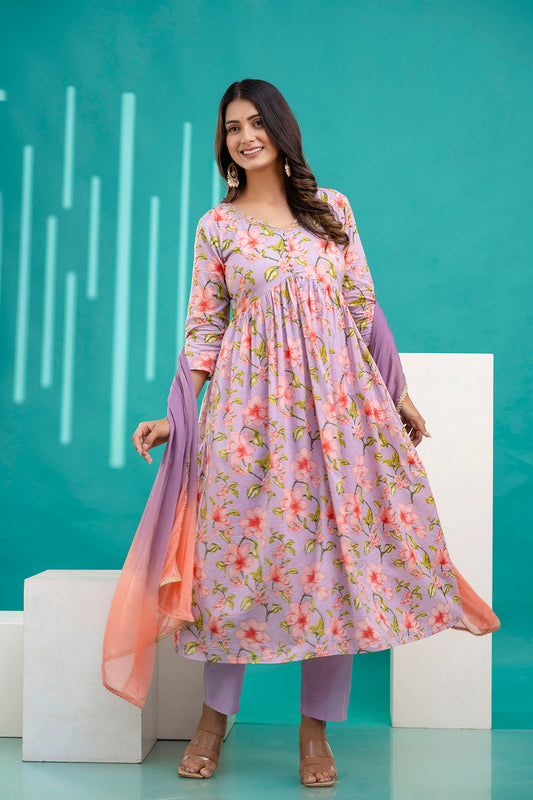 Lavender Printed Anarkali Kurta Set With Dupatta For Women | LASVINI - Redefining Indian Fashion with Elegance