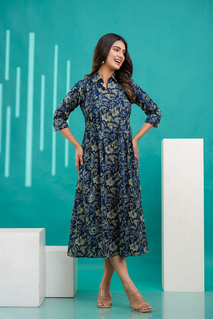 Women Blue Printed Flared Dress With Three quarter Sleeves | LASVINI - Redefining Indian Fashion with Elegance