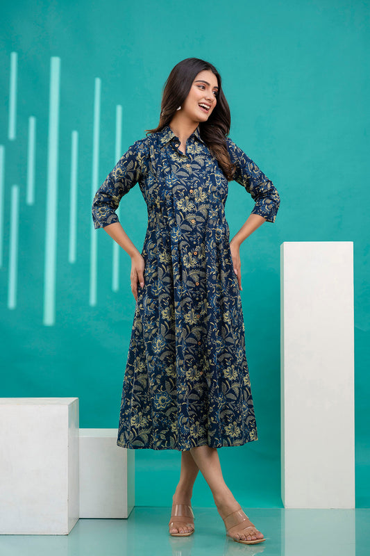 Women Blue Printed Flared Dress With Three quarter Sleeves | LASVINI - Redefining Indian Fashion with Elegance