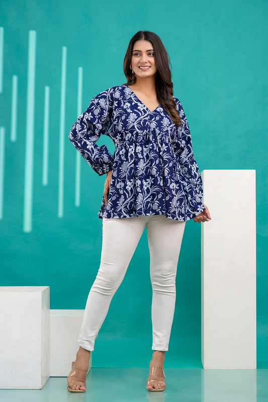 Women Navy Blue Printed V-Neck Peplum Tunic | LASVINI - Redefining Indian Fashion with Elegance