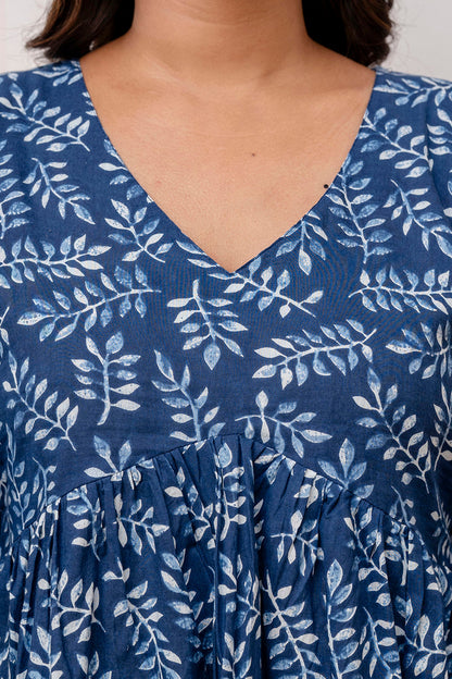 Women Navy Blue Printed V-Neck Peplum Tunic | LASVINI - Redefining Indian Fashion with Elegance