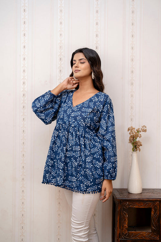 Women Navy Blue Printed V-Neck Peplum Tunic | LASVINI - Redefining Indian Fashion with Elegance