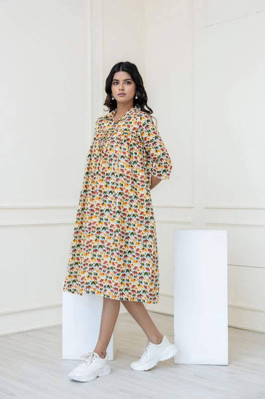 Women Multicolor Printed Flared Midi Dress | LASVINI - Redefining Indian Fashion with Elegance