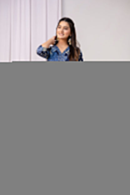 Women Blue Printed Straight Kurta with Three Quarter Sleeves | LASVINI - Redefining Indian Fashion with Elegance