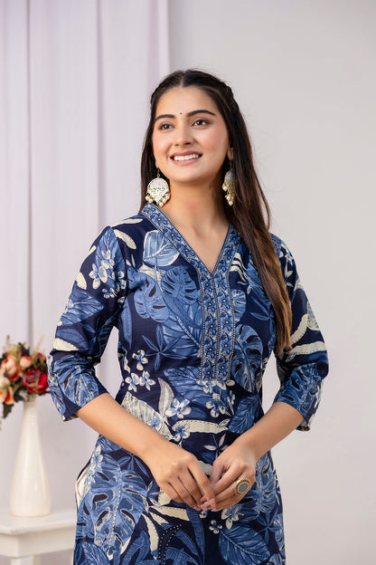 Women Blue Printed Straight Kurta with Three Quarter Sleeves | LASVINI - Redefining Indian Fashion with Elegance
