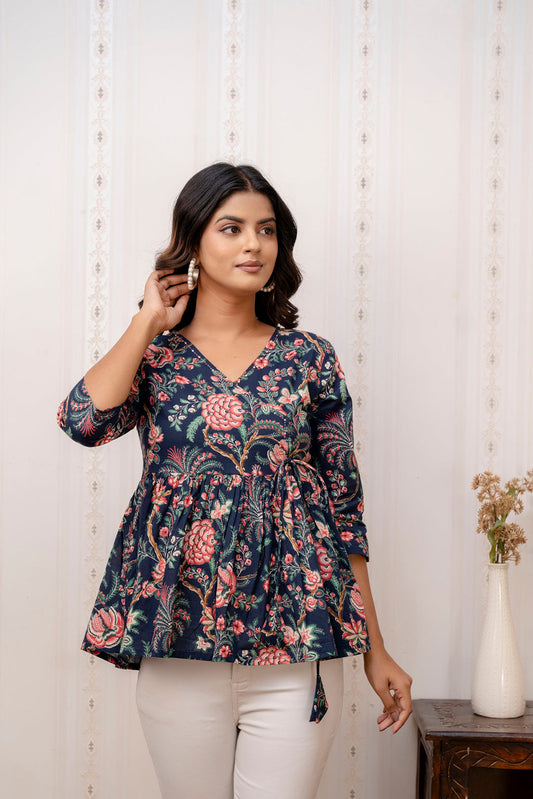Women Navy Blue Printed V-Neck Peplum Tunic | LASVINI - Redefining Indian Fashion with Elegance