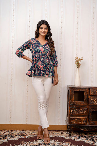 Women Navy Blue Printed V-Neck Peplum Tunic | LASVINI - Redefining Indian Fashion with Elegance