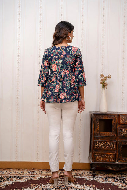 Women Navy Blue Printed V-Neck Peplum Tunic | LASVINI - Redefining Indian Fashion with Elegance