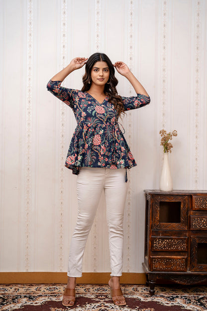 Women Navy Blue Printed V-Neck Peplum Tunic | LASVINI - Redefining Indian Fashion with Elegance