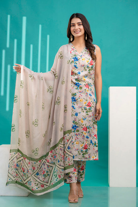 Women Beige Printed Kurta With Trouser and Dupatta | LASVINI - Redefining Indian Fashion with Elegance