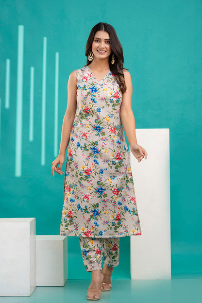 Women Beige Printed Kurta With Trouser and Dupatta | LASVINI - Redefining Indian Fashion with Elegance