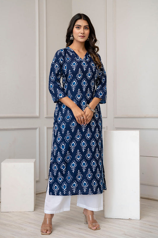 Women Navy Blue Printed Straight Kurta with Three Quarter Sleeves | LASVINI - Redefining Indian Fashion with Elegance
