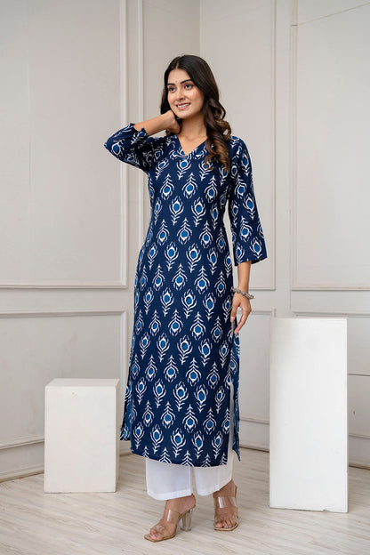 Women Navy Blue Printed Straight Kurta with Three Quarter Sleeves | LASVINI - Redefining Indian Fashion with Elegance