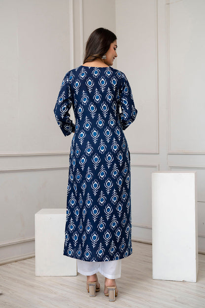 Women Navy Blue Printed Straight Kurta with Three Quarter Sleeves | LASVINI - Redefining Indian Fashion with Elegance
