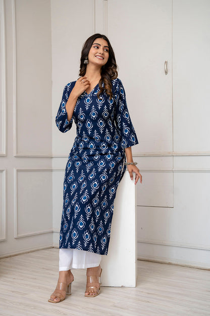Women Navy Blue Printed Straight Kurta with Three Quarter Sleeves | LASVINI - Redefining Indian Fashion with Elegance