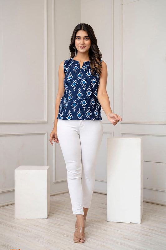 Women Navy Blue Printed Straight Tunic | LASVINI - Redefining Indian Fashion with Elegance