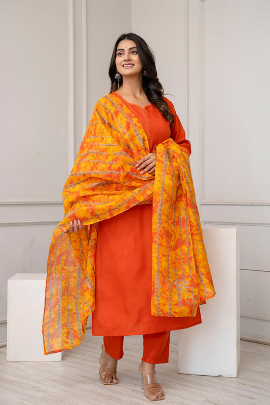 Orange Straight Kurta Set With Printed Dupatta for Women | LASVINI - Redefining Indian Fashion with Elegance