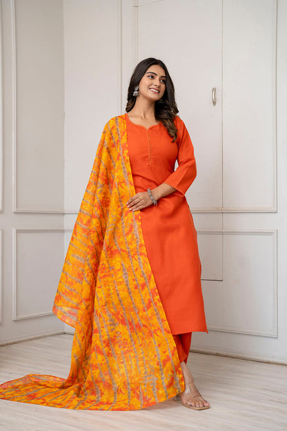 Orange Straight Kurta Set With Printed Dupatta for Women | LASVINI - Redefining Indian Fashion with Elegance
