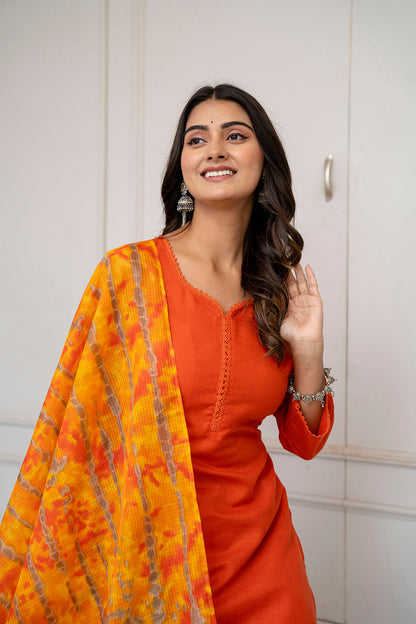 Orange Straight Kurta Set With Printed Dupatta for Women | LASVINI - Redefining Indian Fashion with Elegance