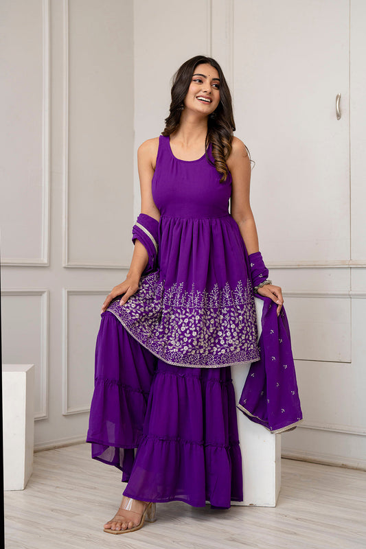 Purple Embroidered Kurti and Sharara Set With Dupatta | LASVINI - Redefining Indian Fashion with Elegance