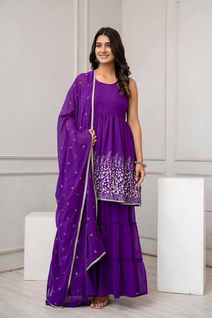 Purple Embroidered Kurti and Sharara Set With Dupatta | LASVINI - Redefining Indian Fashion with Elegance