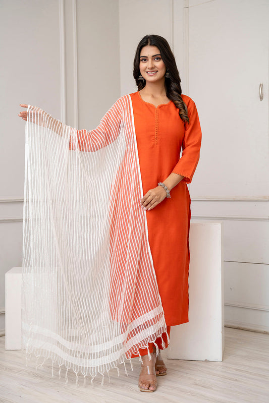 Orange Straight Kurta Set With Net Dupatta for Women | LASVINI - Redefining Indian Fashion with Elegance