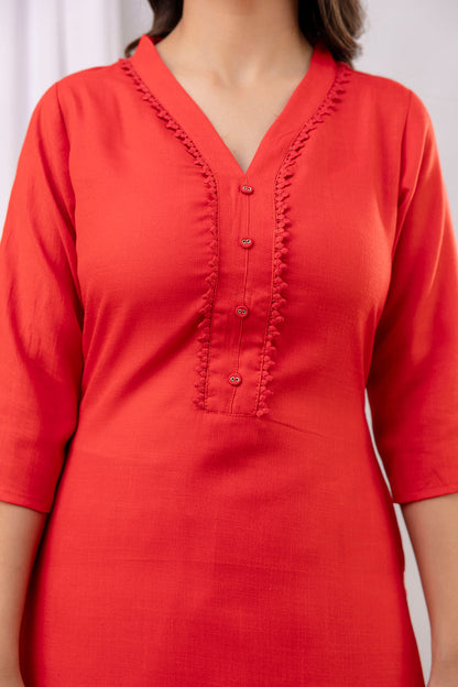 Red Straight Kurta Set With Printed Dupatta for Women | LASVINI - Redefining Indian Fashion with Elegance