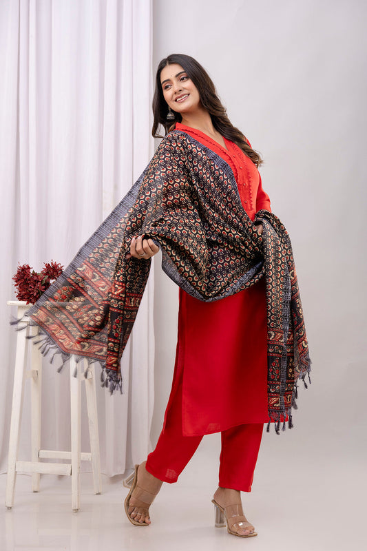 Red Straight Kurta Set With Printed Dupatta for Women | LASVINI - Redefining Indian Fashion with Elegance