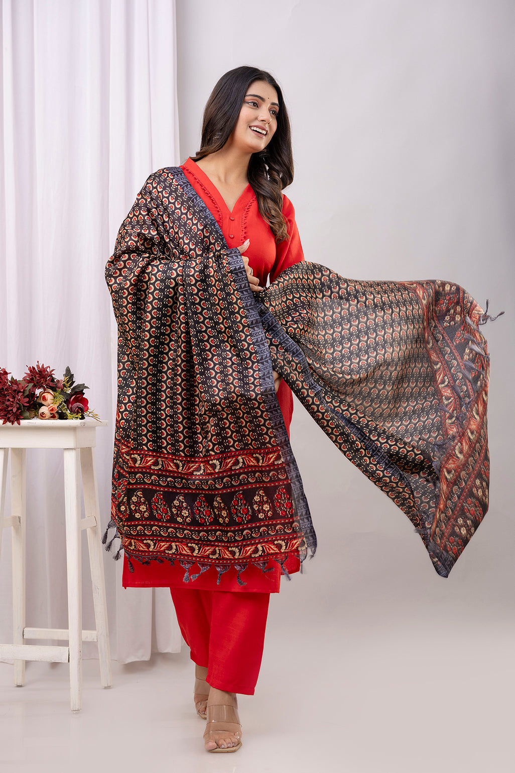 Red Straight Kurta Set With Printed Dupatta for Women | LASVINI - Redefining Indian Fashion with Elegance