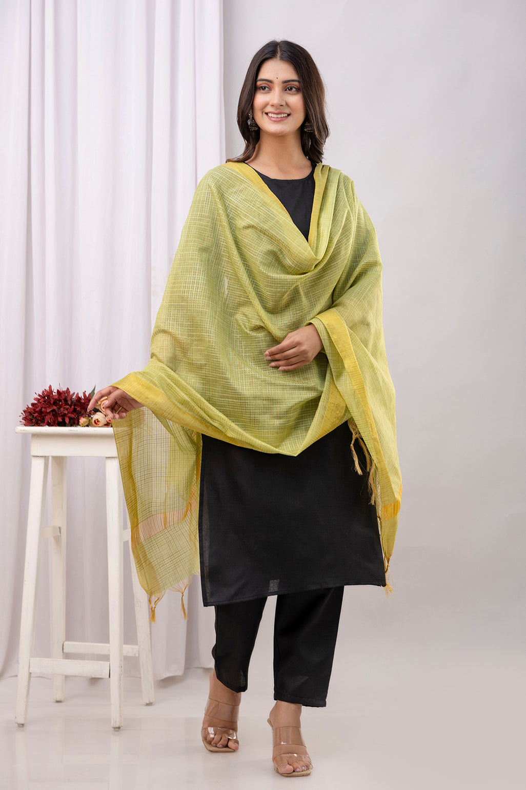 Black Straight Kurta Set With Printed Dupatta for Women | LASVINI - Redefining Indian Fashion with Elegance