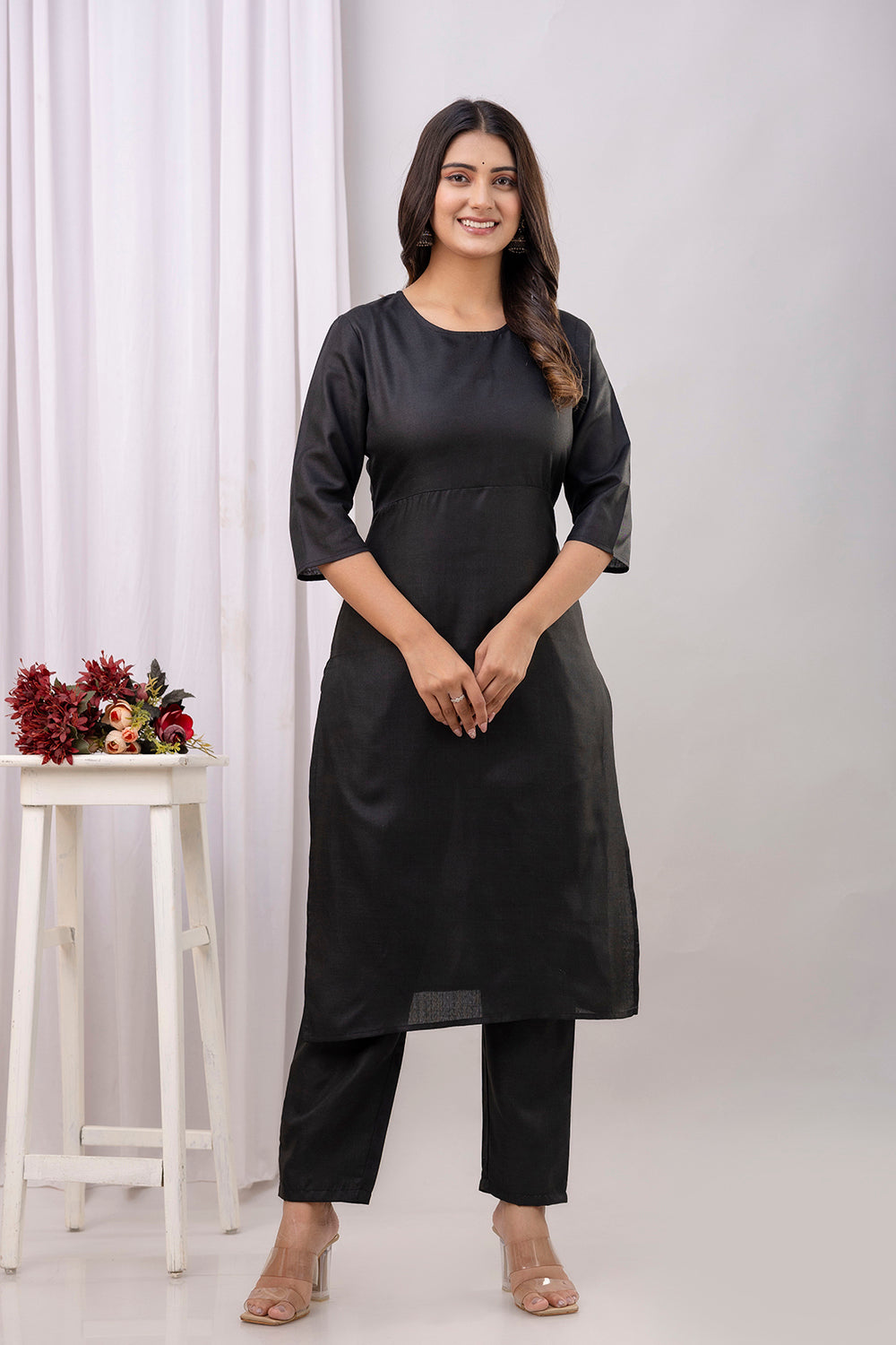 Black Straight Kurta Set With Printed Dupatta for Women | LASVINI - Redefining Indian Fashion with Elegance