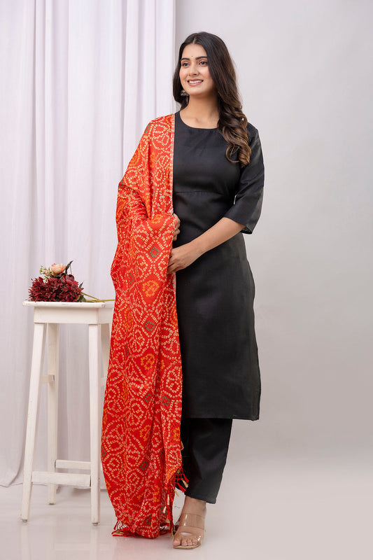 Black Straight Kurta Set With Printed Dupatta for Women | LASVINI - Redefining Indian Fashion with Elegance