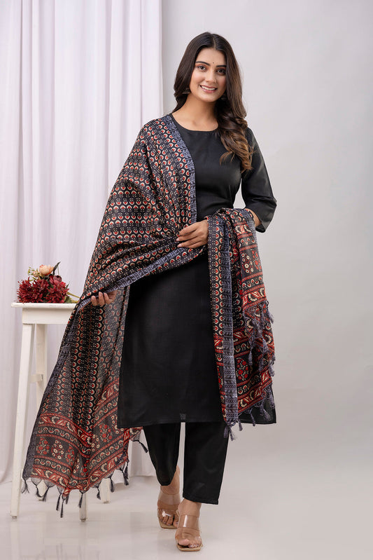 Black Straight Kurta Set With Printed Dupatta for Women | LASVINI - Redefining Indian Fashion with Elegance