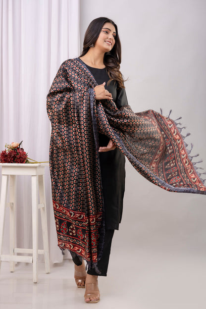 Black Straight Kurta Set With Printed Dupatta for Women | LASVINI - Redefining Indian Fashion with Elegance