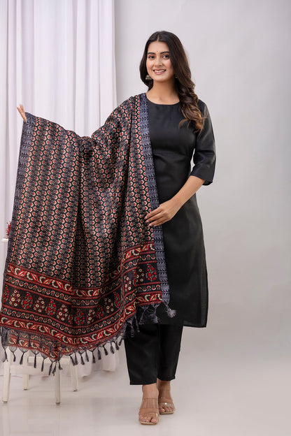 Black Straight Kurta Set With Printed Dupatta for Women | LASVINI - Redefining Indian Fashion with Elegance
