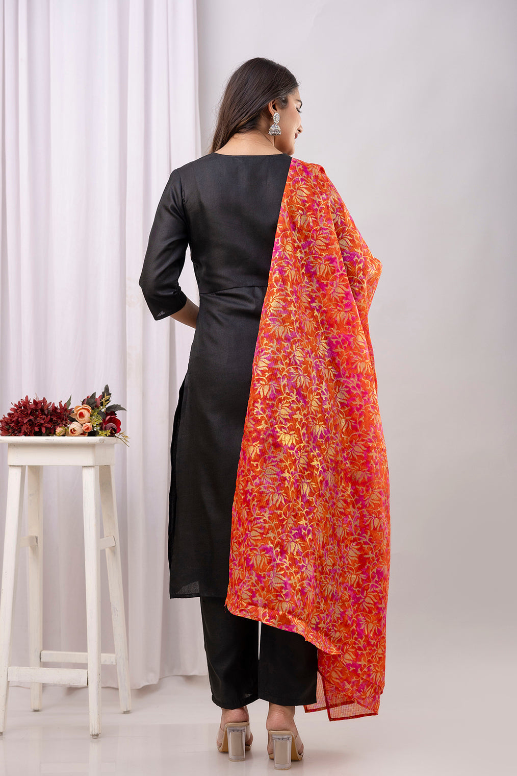 Black Straight Kurta Set With Printed Dupatta for Women | LASVINI - Redefining Indian Fashion with Elegance