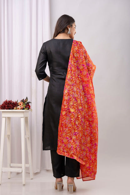 Black Straight Kurta Set With Printed Dupatta for Women | LASVINI - Redefining Indian Fashion with Elegance