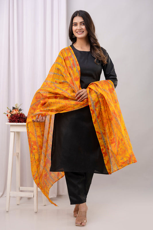 Black Straight Kurta Set With Printed Dupatta for Women | LASVINI - Redefining Indian Fashion with Elegance