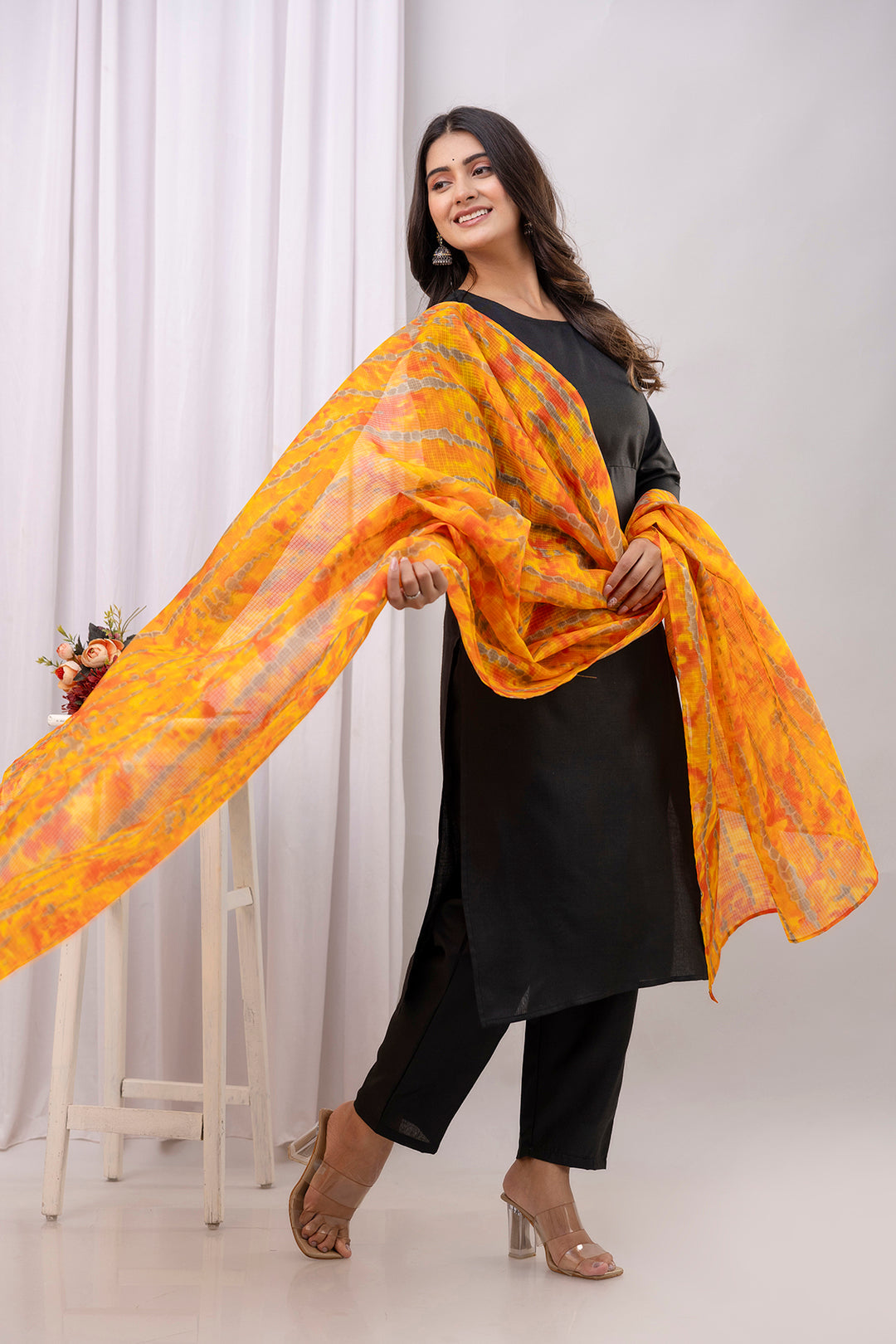 Black Straight Kurta Set With Printed Dupatta for Women | LASVINI - Redefining Indian Fashion with Elegance