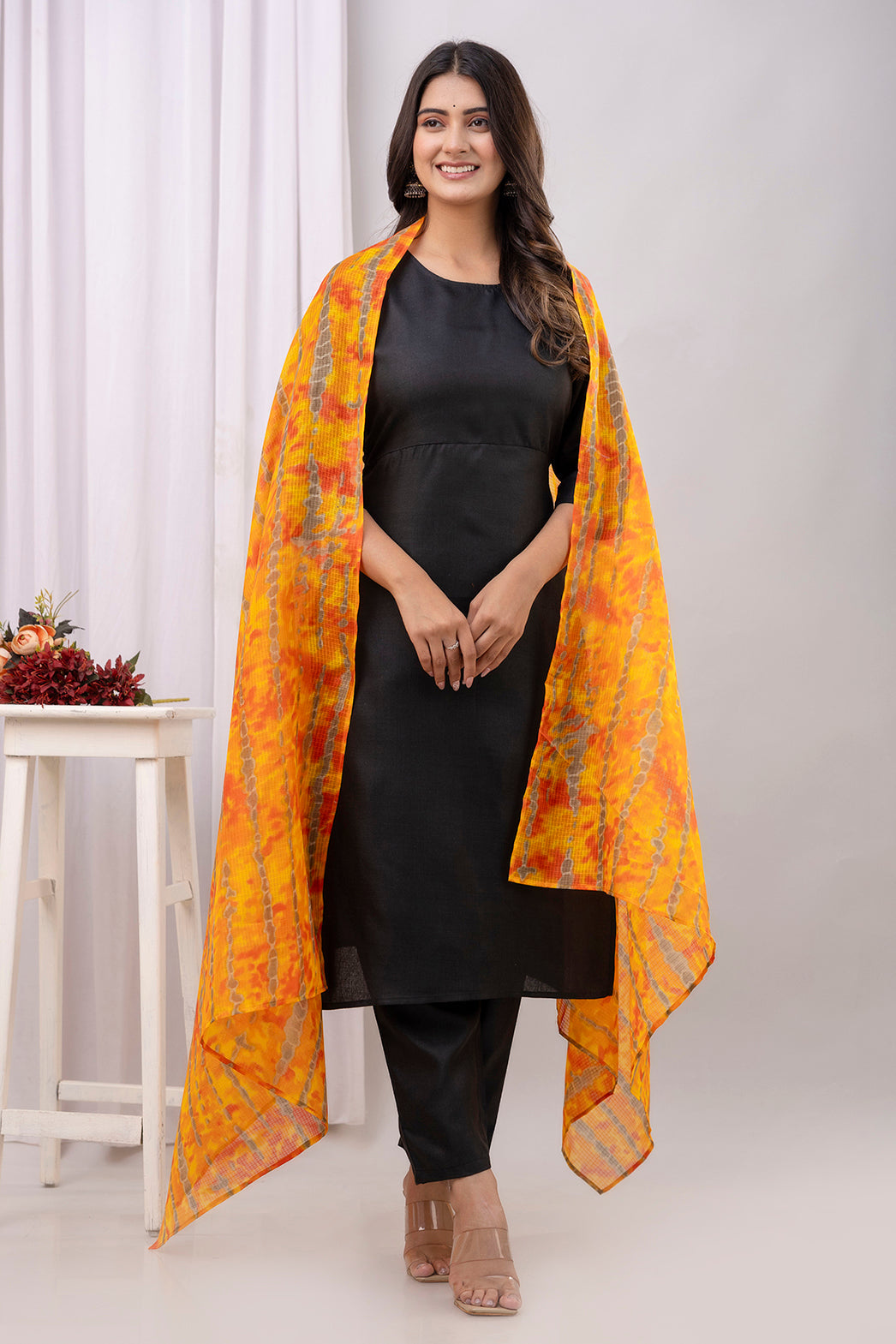 Black Straight Kurta Set With Printed Dupatta for Women | LASVINI - Redefining Indian Fashion with Elegance