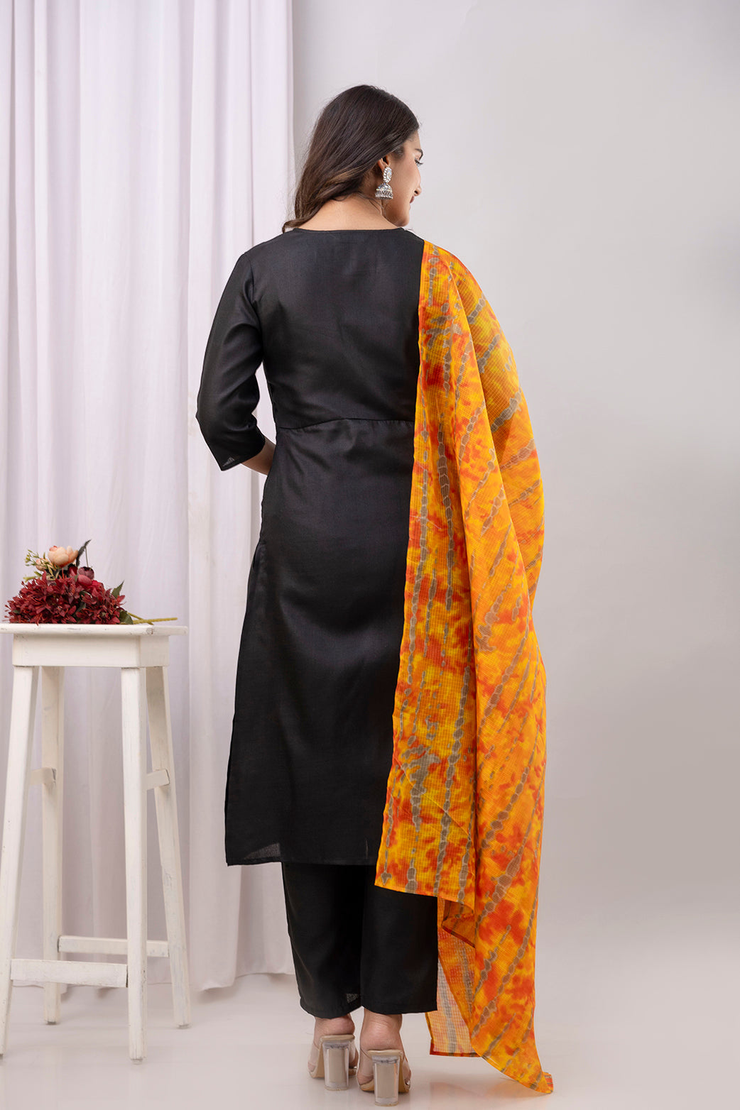 Black Straight Kurta Set With Printed Dupatta for Women | LASVINI - Redefining Indian Fashion with Elegance