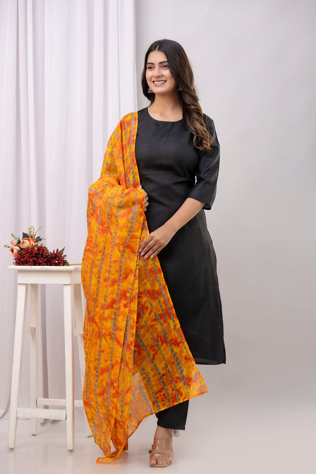 Black Straight Kurta Set With Printed Dupatta for Women | LASVINI - Redefining Indian Fashion with Elegance