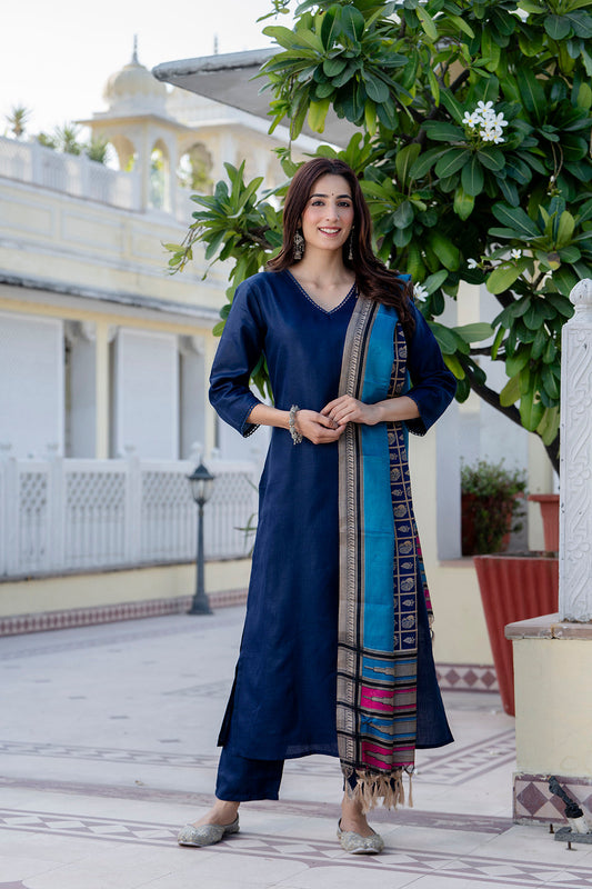 Navy Blue Straight Kurta Set With Printed Dupatta for Women | LASVINI - Redefining Indian Fashion with Elegance