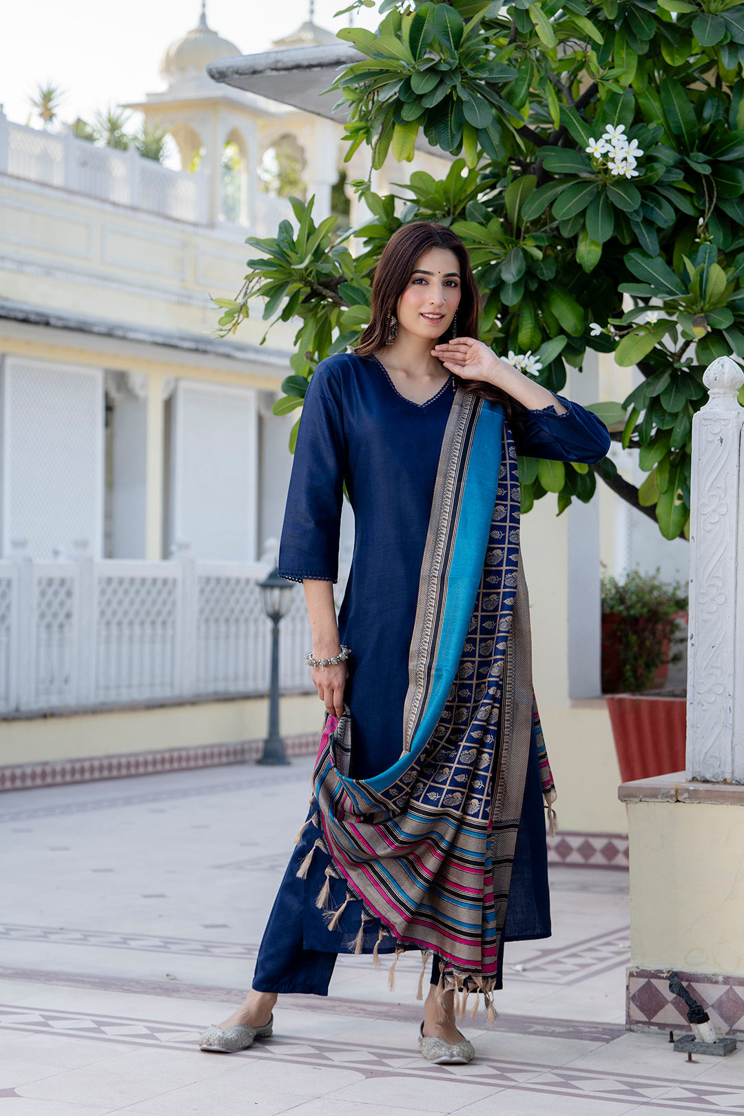 Navy Blue Straight Kurta Set With Printed Dupatta for Women | LASVINI - Redefining Indian Fashion with Elegance