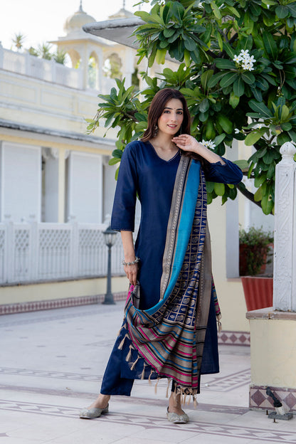 Navy Blue Straight Kurta Set With Printed Dupatta for Women | LASVINI - Redefining Indian Fashion with Elegance