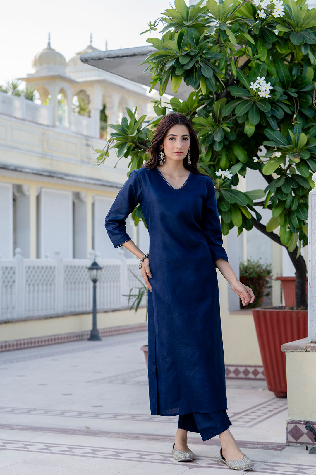 Navy Blue Straight Kurta Set With Printed Dupatta for Women | LASVINI - Redefining Indian Fashion with Elegance