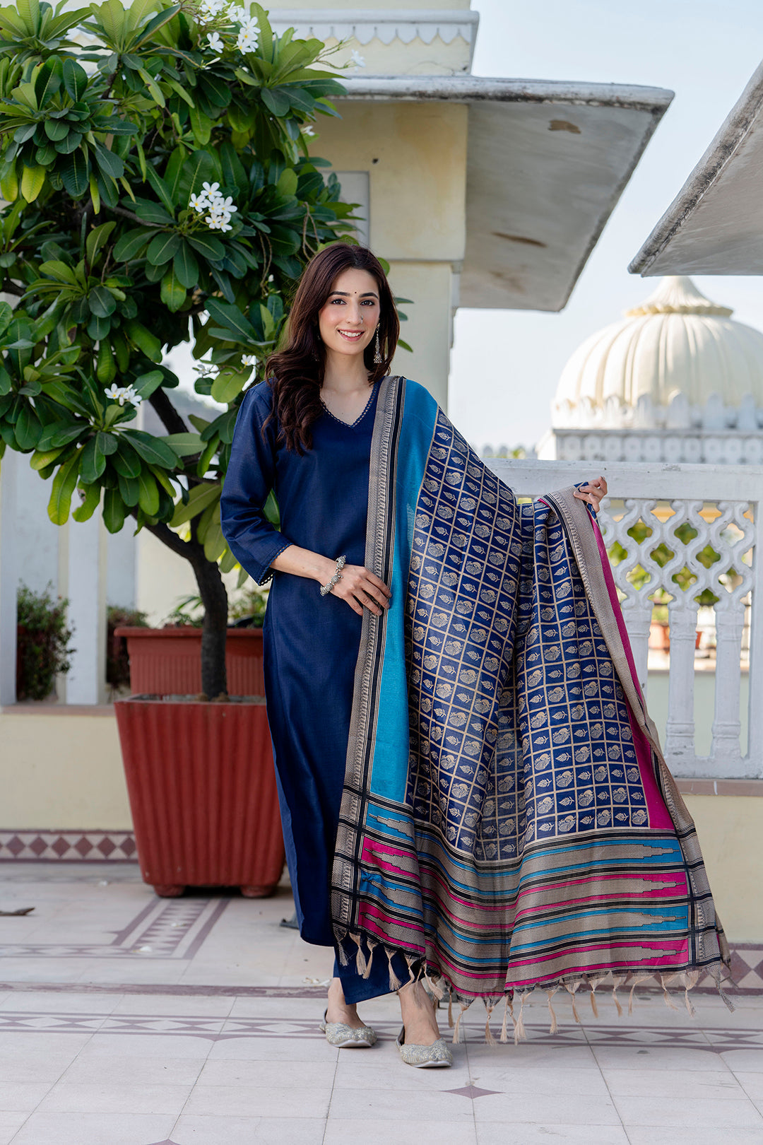 Navy Blue Straight Kurta Set With Printed Dupatta for Women | LASVINI - Redefining Indian Fashion with Elegance