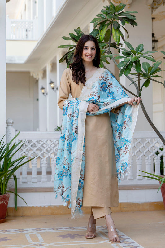 Beige Straight Kurta Set With Printed Dupatta for Women | LASVINI - Redefining Indian Fashion with Elegance