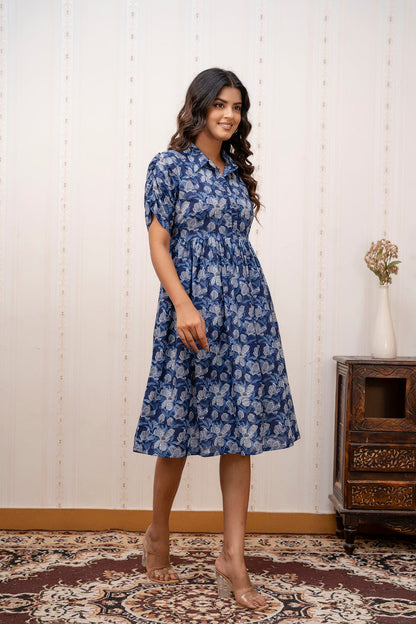 Women Navy Blue Printed midi Dress with Short Sleeves | LASVINI - Redefining Indian Fashion with Elegance