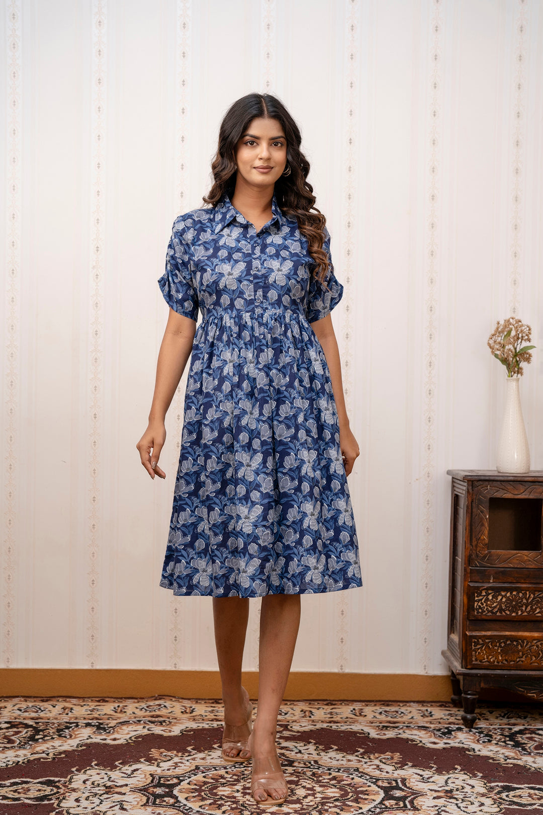 Women Navy Blue Printed midi Dress with Short Sleeves | LASVINI - Redefining Indian Fashion with Elegance